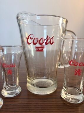 Coors Red Logo Glass Pitcher and Glassware Set